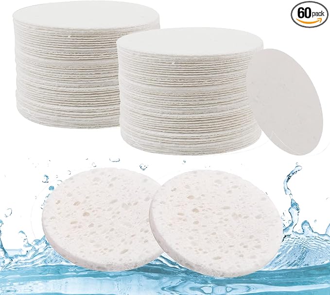 Lanjue 60 Count Facial Sponges Cleansing, White Compressed Face Sponges Cleansing Natural Wood Pulp Cotton Face Washing Sponge Cosmetic Sponges for Makeup Removal Exfoliating(2.5 Inch)
