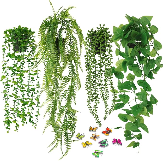 Artificial Hanging Plant, 4 Pack Fake Plants with Pots, Hanging Artificial Plants Indoor, Fake Ivy Faux Plant for Indoors Outdoor Room Office Patio Wall Decor