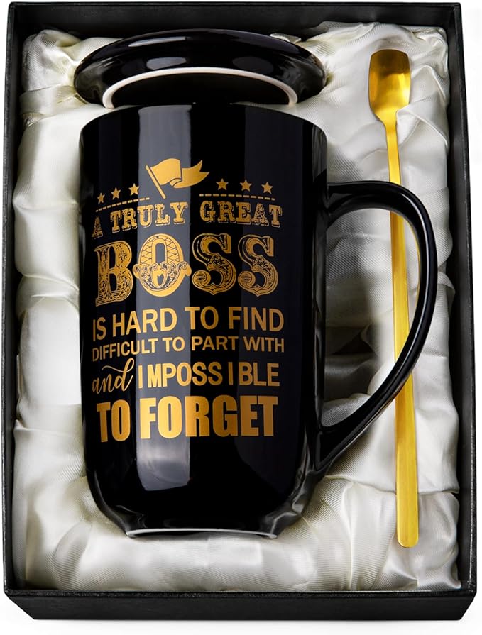 Boss Gifts, Best Boss Mug Gifts for Men on Birthday, Leaving, Going Away, Retirement, Boss Day, Christmas 18OZ Black Ceramic Coffee Mug with Spoon Lid Card, Nice Gift Box