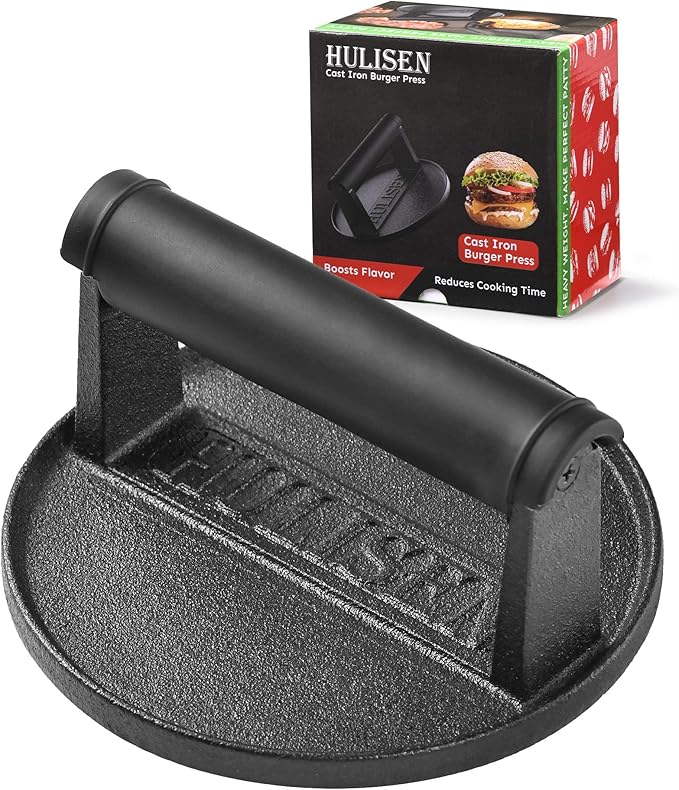 HULISEN Pre-Seasoned Cast Iron Burger Press, Heavy Duty Burger Smasher for Griddle with Heat Resistant Handle, Grill Press for Hamburger, Bacon, Meat, Steak, Patty, Sandwich, Barbecue Grilling Tool