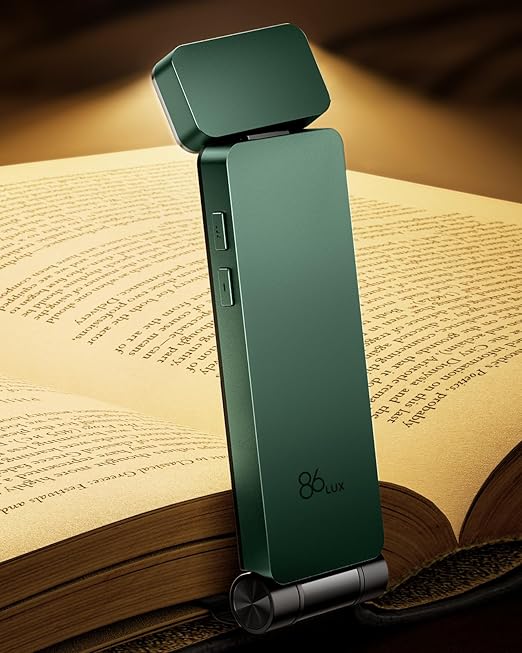 86lux Book Light, Rechargeable Clip-On LED Reading Light for Bed & Night Use - 3 Color Temperatures with Stepless Dimming, Ultralight Bookmark Design for Kids, Book Lovers, Green[Energy Class A]