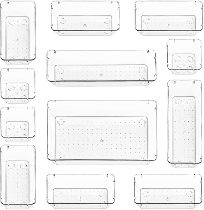 Drawer Organiser Set – Makeup Organiser Tray for Drawers – Clear Cosmetics Container Tray for Bedroom – Utensil Cutlery Set Divider – Kitchen Storage & Organisation – 12pack