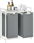 VASAGLE Laundry Basket, 2-Compartment Laundry Hamper, Pull-Out and Removable Liner Bags, Clothes Sorter, Shelf, Metal Frame, 2 x 46 L, 73 x 33 x 72 cm, Slate Grey and Matte White BLH201W11
