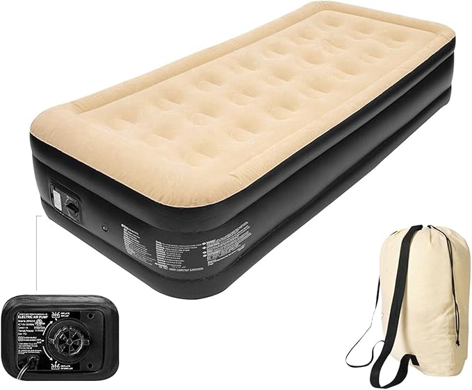 Trendi Inflatable HIGH Pillow Raised Single Flocked AIR Bed Mattress AIRBED with Built in Electric Pump (195.6 x 96.5 x 47 cm)
