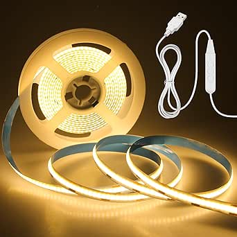 Aclorol 3M COB LED Strip Light Warm White 3000K 5V USB Flexible LED Light Strip 8mm Width Dimmable CRI85+ Dotless Tape Light High Density 320LEDs/M for Bedroom Kitchen Under Cabinet Home Decor[Energy Class D]