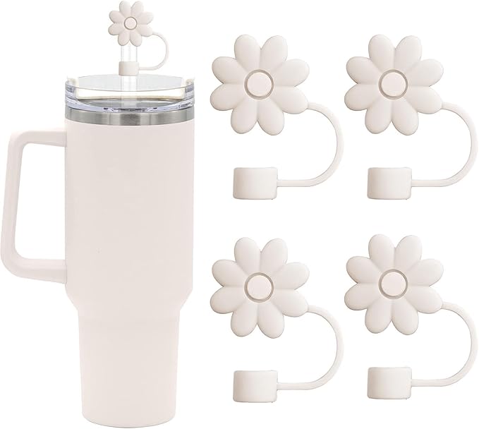 Flower Straw Covers Toppers for Stanley Cups 30&40 Oz Tumbler Accessories 4PCS Silicone Straw Caps Reusable Tips Protectors for Stanley Cup 10mm 0.4in Straws,Off White