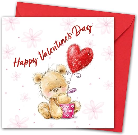 Valentines Card. "Teddy" with Hearts Design. Eco-Friendly. 4pp 150x150mm Size. Valentine's Card with Red Envelope. Verse Inside. Printed and Packed in UK.