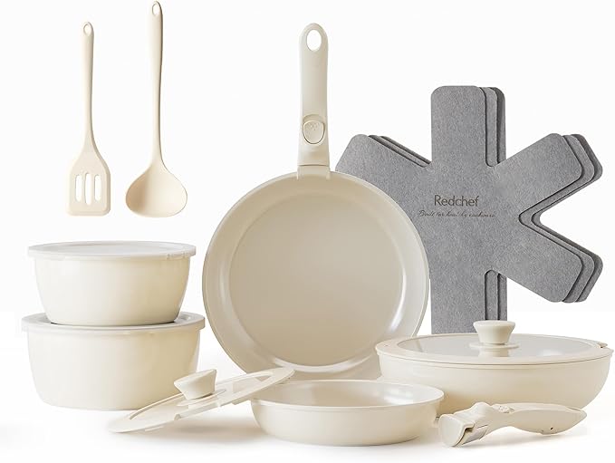 Redchef 16pcs Ceramic Pots and Pans Set Non Stick, Nonstick Kitchen Cookware Set with Detachable Handle, PFAS PFOA & PTFE Free, RV Ceramic Cookware Set for Camping, Oven Safe（Beige White