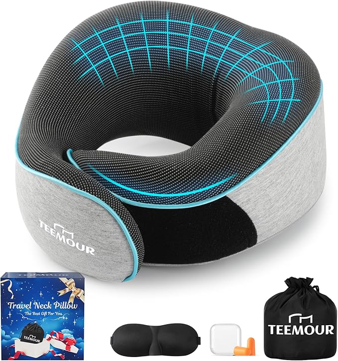 Travel Pillow for Adults,Memory Foam Airplane Pillow with 360 °Neck Support, Includes Storage Bag, Eye Mask, Ear Plugs, Adjustable Travel Pillow for Long Flights,Train,Car & Business Trips(Grey)