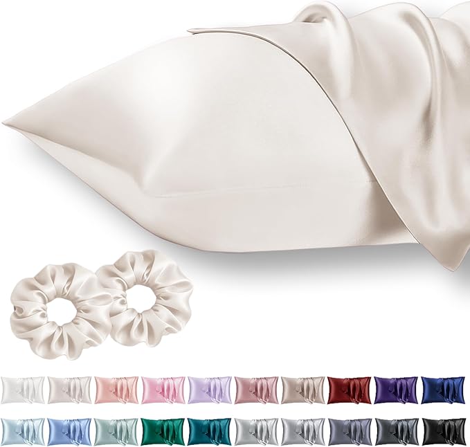Vielit Standard Satin Pillowcase for Hair 2pc,Similar to Silk Pillow Cases,Easier Care Than Silk Pillowcase,Gifts for Women Men,Beige,20x26 & Envelope Closure and 2 Satin Scrunchies