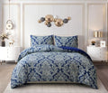 PRIME LINENS Duvet Cover Set 4 Pcs Polyester-Cotton Quilt Cover Bedding Set With Pillow Cases and Extra Fitted Sheet Included (Damask Blue, King)