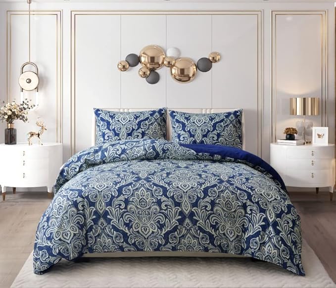 PRIME LINENS Duvet Cover Set 4 Pcs Polyester-Cotton Quilt Cover Bedding Set With Pillow Cases and Extra Fitted Sheet Included (Damask Blue, King)