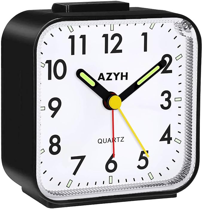 Analog Alarm Clock, Silent No Ticking Alarm Clock with Light, Snooze, Battery Operated, Loud Alarm, Luminous, Portable Clock, Quiet Small Travel Clock for Deep Sleeper