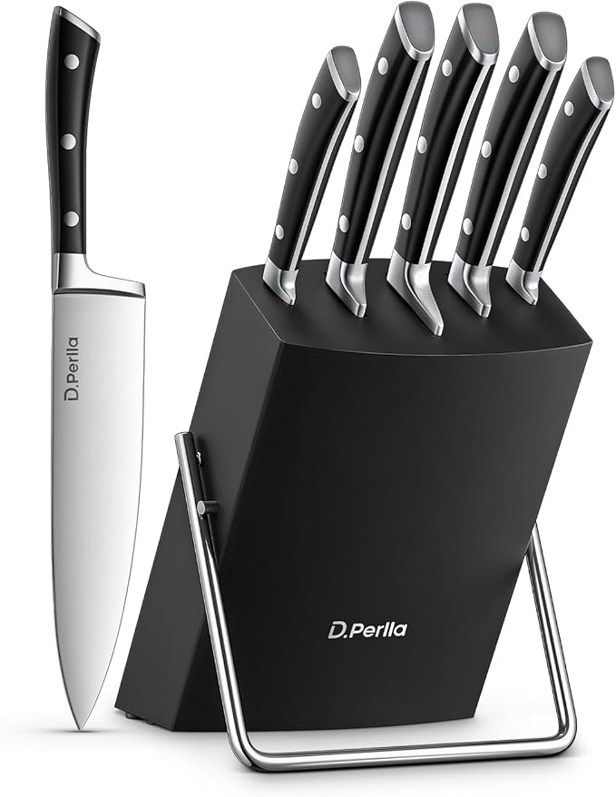 D.Perlla Knife Set, 6-Piece Kitchen Knife Sets, Knife Block Set with High Carbon German Stainless Steel, Sharp Knife Set with Stylish Acacia Wood Block, Black