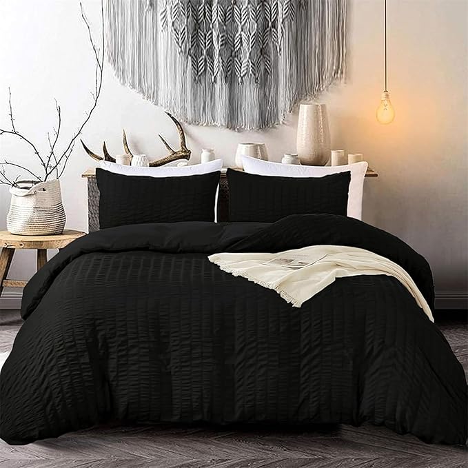 Black Seersucker Duvet Cover King Size Puckering Seersucker Bedding Set with 2 Pillowcases Soft Microfibre Duvet Cover Set for Teens Adults 220×230cm