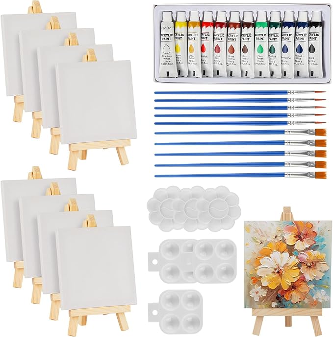 44 Pcs Mini Canvas and Easel, Small Canvas Painting Set Includes 4x4 Inches Canvases, Paint Brushes, Paint Palette and Acrylfarben, Wooden Mini Easels with Art Canvases for Kids and Artists Art Party