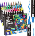 STATIONERY ISLAND Acrylic Paint Pens 36 Colours Paint Markers Dual tip Acrylic Markers for Rock Painting Stone Glass Ceramic Wood Metal Fabric Fine & Brush Tip Water Based Acrylic Pens