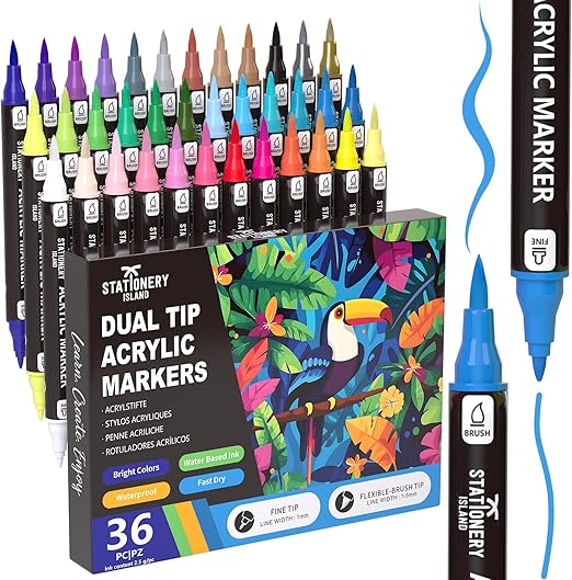 STATIONERY ISLAND Acrylic Paint Pens 36 Colours Paint Markers Dual tip Acrylic Markers for Rock Painting Stone Glass Ceramic Wood Metal Fabric Fine & Brush Tip Water Based Acrylic Pens