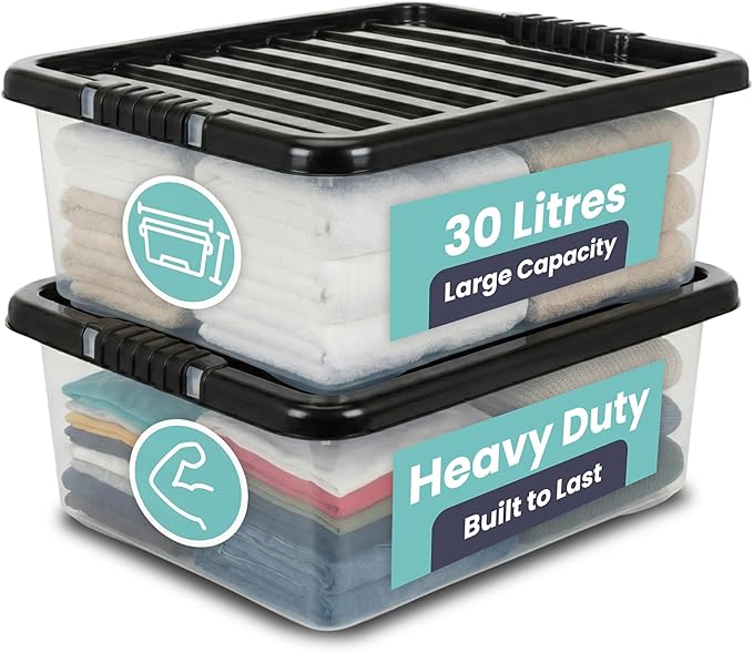 2 Pack 30L Underbed Storage Boxes with Lids | Clear Plastic Storage Containers with Black Lids | Stackable Storage Boxes for Home, Office, and Kitchen Organization
