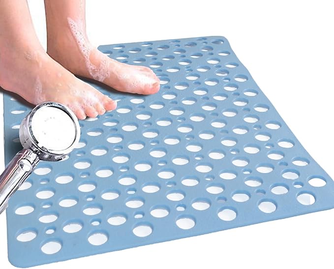 Venuso Square Shower Mats Non Slip Anti Mould, 53 x 53 cm Rubber Anti Slip Bath Mat with Drain Holes, Machine Washable, Blue