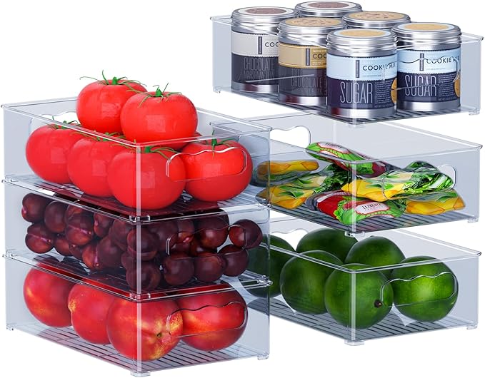 Fridge Storage Organisers - 6 Pack (3 Sizes) Fridge Organisers Stackable, Fridge Organisers for Pantry, Freezer, Cabinet, Drawer - Blue Gray