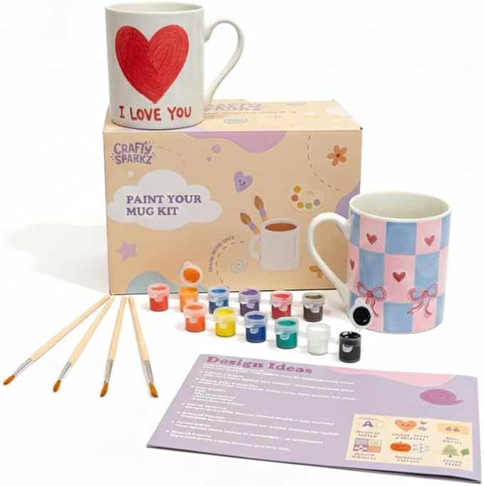 Crafty Sparkz Paint Your Own Mug Kit (Set of 2) - Valentines Day Gifts for Him & Her - Pottery Painting Kit, DIY Craft Kits for Adults & Couples Date Night - Mug Painting Kit with 12 Acrylic Paints