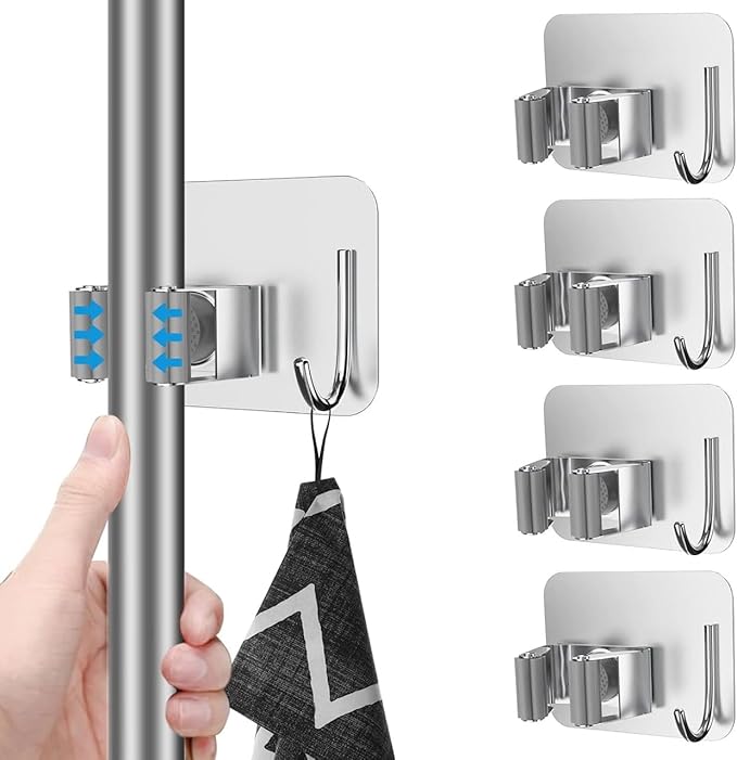 Broom Holder Wall Mounted, 4-Pack – Stainless Steel Mop and Broom Organizer for Bathroom, Kitchen, Garage, and Garden – Heavy-Duty Wall Storage Solution by Zuvo