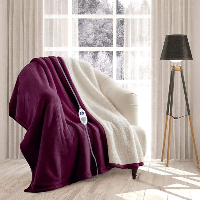 Electric Heated Blanket Throw Fleece Sherpa EXTRA LONG 180cms, (Plum) 6 Heat Settings, Auto Shut Off, Machine Washable