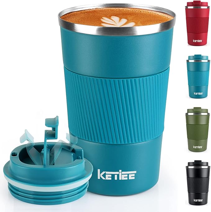 Travel Mugs,KETIEE 380ml Insulated Coffee Cup with Leakproof Lid,Reusable Double Walled Coffee Mug,Stainless Steel Thermal Cup for Hot Cold Drinks,Blue