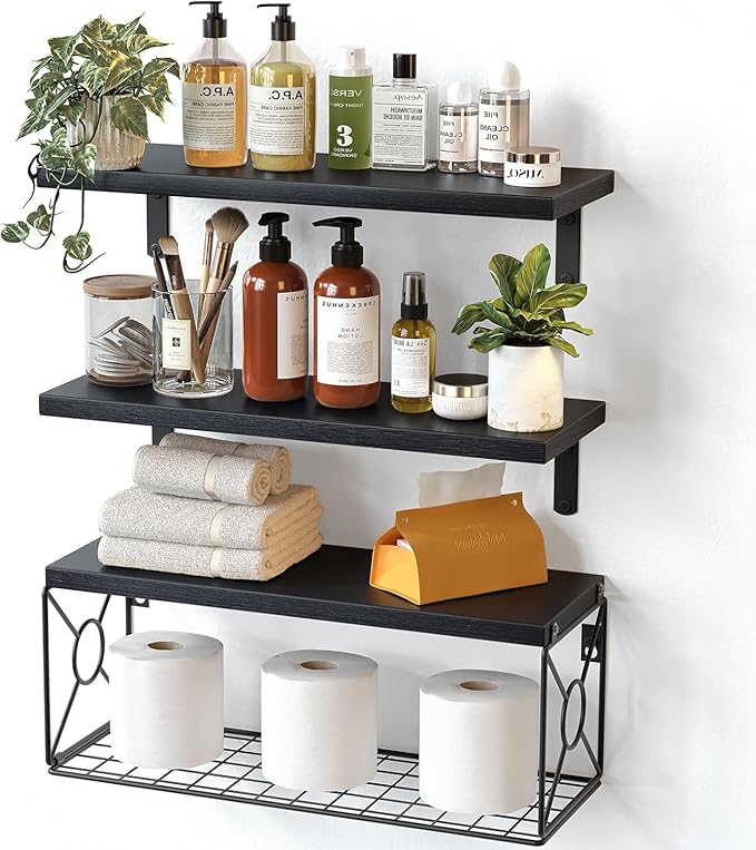 Pipishell Floating Shelves with Wire Strorage Basket, Paulownia Wood Floating Shelves for Home Organization & Wall Decor, Bathroom/Kitchen/Living Room/Office Shelves, Set of 3+1, Black