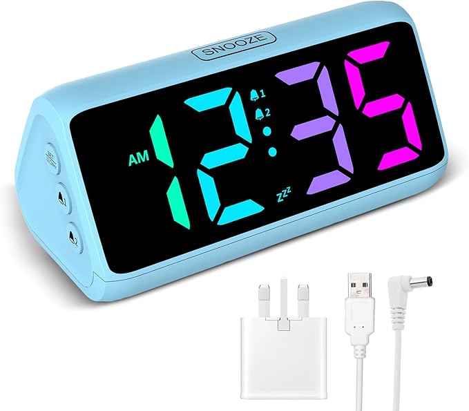 Netzu Loud Alarm Clock for Bedroom, Digital Alarm Clock with RGB Led Display, Dual Alarm, 5 Dimmers, 4 Volumes, Power-Off Memory, Mians Powered Bedside Clocks for Heavy Sleeper Kids Teens Elderly