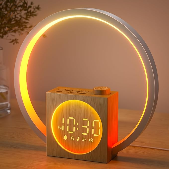 LIORQUE Sunrise Alarm Clock Wake Up Light with 30 Soothing Sounds &10 Wake Up Tones, Bedside Digital Alarm Clocks Mains Powered, Night Light for Kids Adults, White Noise Machine for Sleeping[Energy Class G]