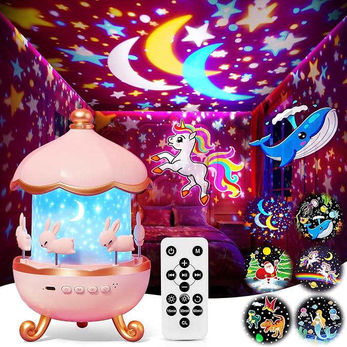One Fire Educational Star Projector Night Light, Unicorn Gifts for Girls, 15 Sounds Night Light with 15 Films & 315 Modes, Rechargeable Sleep Aid with 360° Rotating, Remote & Timer[Energy Class F]