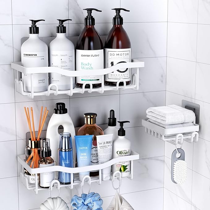 PKPD Rustproof Stainless Steel Shower Caddy 3 Pack, Bathroom Storage Accessory Shelf Organiser No Drilling Hanging, Soap Holder Set, Kitchen Wall Mounted Corner Decor, White