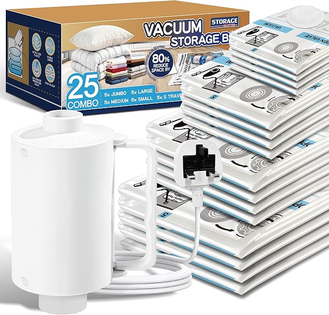 Storage Master Space Saver Bags for Travel and Home Reusable Vacuum Storage Bags Save 80% More Storage Space Work with Vacuum Cleaner (25 Combo with Electric Pump)