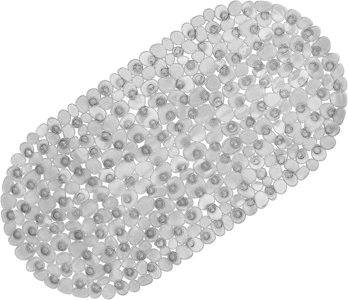 WELTRXE Bathtub Mat, Non-slip Shower Mat, PVC Bath Mat with Suction Cups and Drain Holes, Anti-Mould, Safe Oval Pebble Bathroom Tub Mat, Ideal for Elderly & Kids, Transparent Grey, 69 x 36 cm
