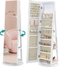 SONGMICS 6 LEDs Mirror Jewellery Cabinet, 360° Swivel Jewellery Storage Organiser, Lockable, Free-Standing Frameless Full-Length Mirror with Storage, White Surface, Greige Lining JJC007W02