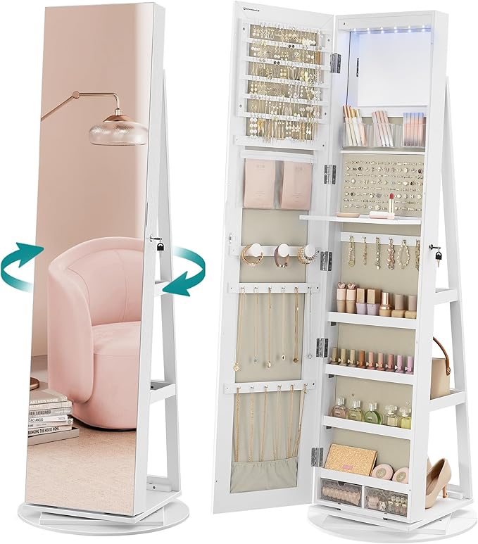 SONGMICS 6 LEDs Mirror Jewellery Cabinet, 360° Swivel Jewellery Storage Organiser, Lockable, Free-Standing Frameless Full-Length Mirror with Storage, White Surface, Greige Lining JJC007W02