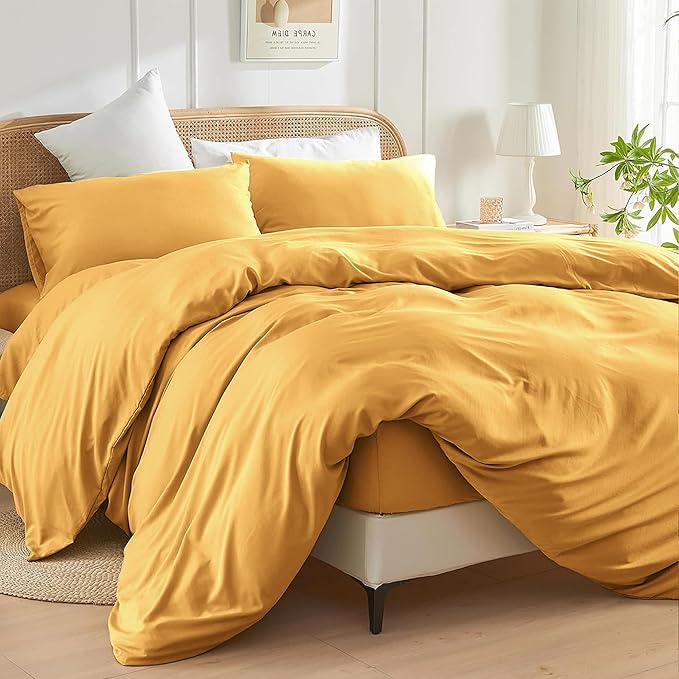 Double Size Duvet Cover Set (Ochre) - 3 Pcs Brushed Microfiber Plain Dyed Quilt Cover - Bedding Set with Button Closure Include 1 Duvet Cover & 2 Pillowcases