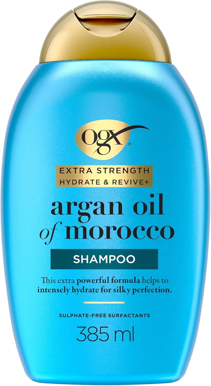 OGX Extra Strength Hydrate & Revive with Argan Oil of Morocco Shampoo, with Silk Proteins, Intensely Hydrates and Locks in Moisture, for Silky Perfection, Sulfate Free, 385ml