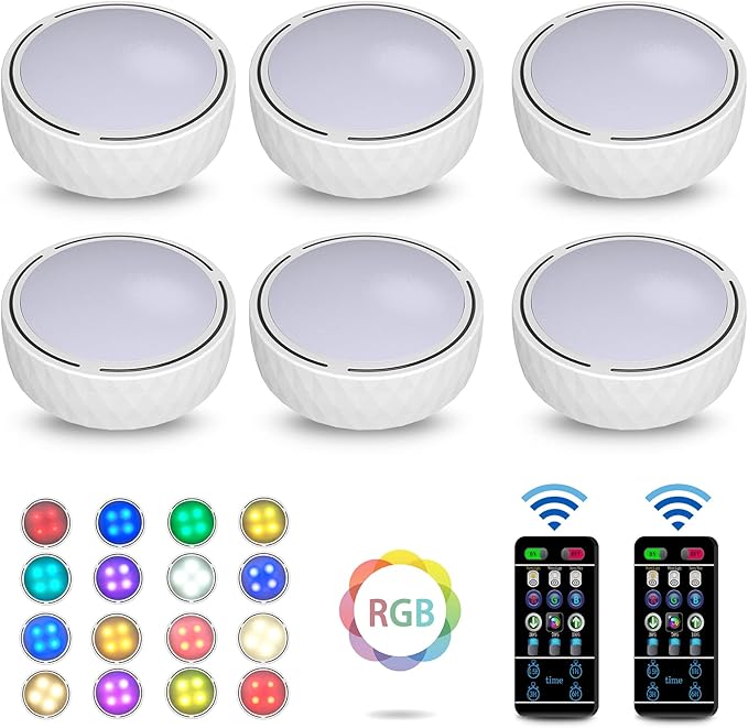 Under Cabinet Lights, RGBW Wireless LED Puck Lights Remote Control,3500/4500/6000K Dimmable Battery Powered Atmosphere Night Light for Kitchen Wardrobe Cupboard Color Changing,6 Pack (White)