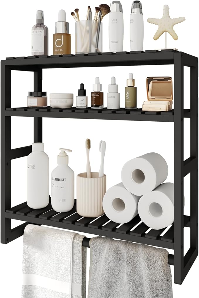 Bamworld Bathroom Shelf Storage Adjustable Bamboo shelf 3-Tiered Over Toilet Rack Bathroom Organizer for Space-Saving Wall Mount Stand Used in the Living Room (Black)