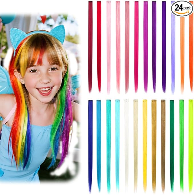 Dreamlover Colourful Hair Extensions Clip in, Coloured Hair Extension for Girls Christmas Gifts, Kids Hair Accessories for Girls, Crazy Hair Day for Kids, 24 PCS