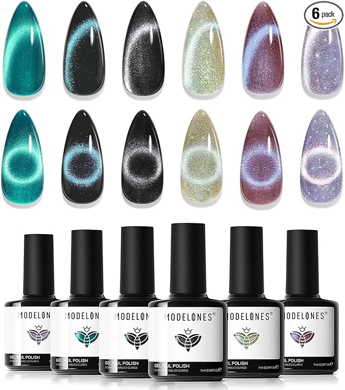 Modelones Gel Nail Polish Set, 6 Colors Cat Eye Gel Polish Holographic 9D Glassy Glitter Nail Polish Set Black Blue Purple Green Nail Varnish Kit Soak Off Nail Art Manicure DIY Salon for Women