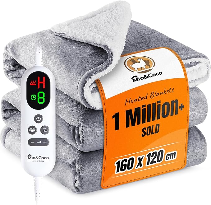 Mia&Coco Electric Heated Blanket Throw 120×160cm, Flannel Sherpa, Fast Heating, 10 Heat Levels, 9H Auto-Off, LED Controller, Overheat Protection, Machine Washable, ETL Certified, Grey