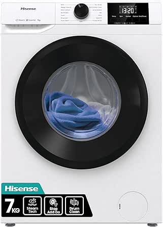 Hisense WF1G7021BW Freestanding 7 KG-Front Load Durable Inverter Washing Machine, Steam Wash-Quick Wash-15 Washing Programs-1200 RPM-White-Energy Rating B[Energy Class B]