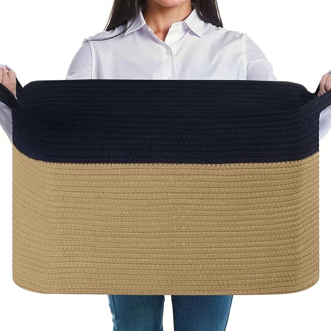 Large Storage Basket, Blanket Basket for Clothes Bedding, Woven Storage Baskets, Toy Storage for Kids, Rope Basket for Living Room, Nursery, Bedroom 55x38x30 cm (Black&Jute, 1 Pack)