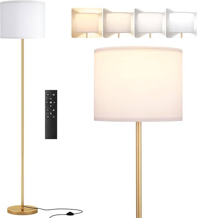 Gold Standing Lamp for Bedroom with Remote,Dimmable Simple Design Stand Up Lamp for Office Reading(9W Bulb Included)