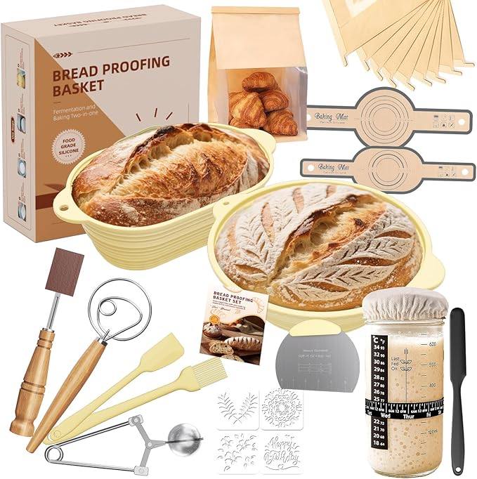 30Pcs Sourdough Starter Kit, 28cm Round & 29cm Oval Silicone Bread Proofing Basket,730ml Starter Jar,Easy to Fold and Washable,Microwave-Safe,Ideal for Home Bakers, Baking Enthusiasts and Beginners