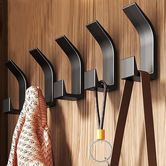 5 Pack Black Coat Hooks, Double Prong Coat Hangers Wall Mounted, Heavy Duty Coat Hooks Wall Mounted, Sturdy Metal Hanger Wall Hooks for Hanging with Screws for Bathroom Bedroom (Matte Black)